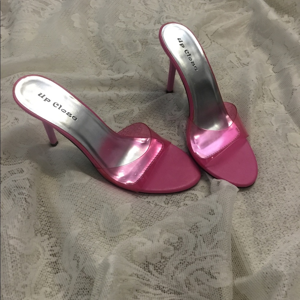 Pink Heeled Mules Clear Upper Strapped